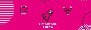 Icons and a lettering: STAY CURIOUS AND GROW