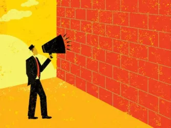 Illustration of a man with a megaphone yelling at a brick wall