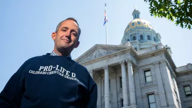 Jeff Hunt wearing "Pro Life U" sweatshirt