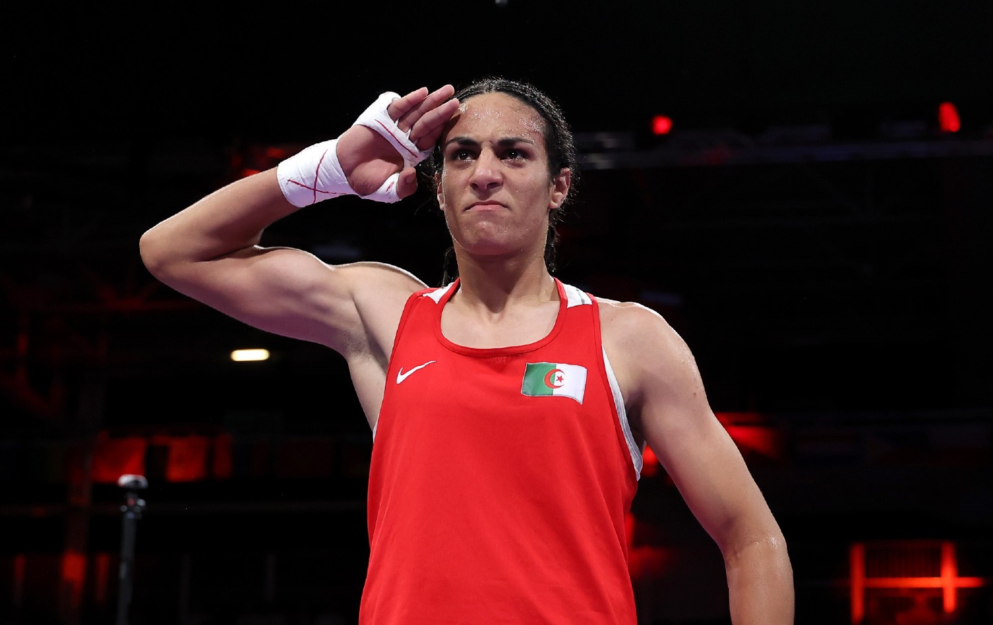 Imane Khelif of Algeria celebrates victory against Anna Luca Hamori of Hungary in the Olympic women's quarterfinal 66kg boxing match on August 3, 2024, in Paris.