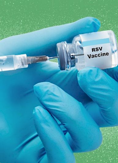 A close-up of a medical professional wearing blue gloves holding a syringe and a small vial labeled RSV Vaccine. The syringe is being filled with liquid from the vial. The background is green with a soft texture, creating a clean and professional medical setting.