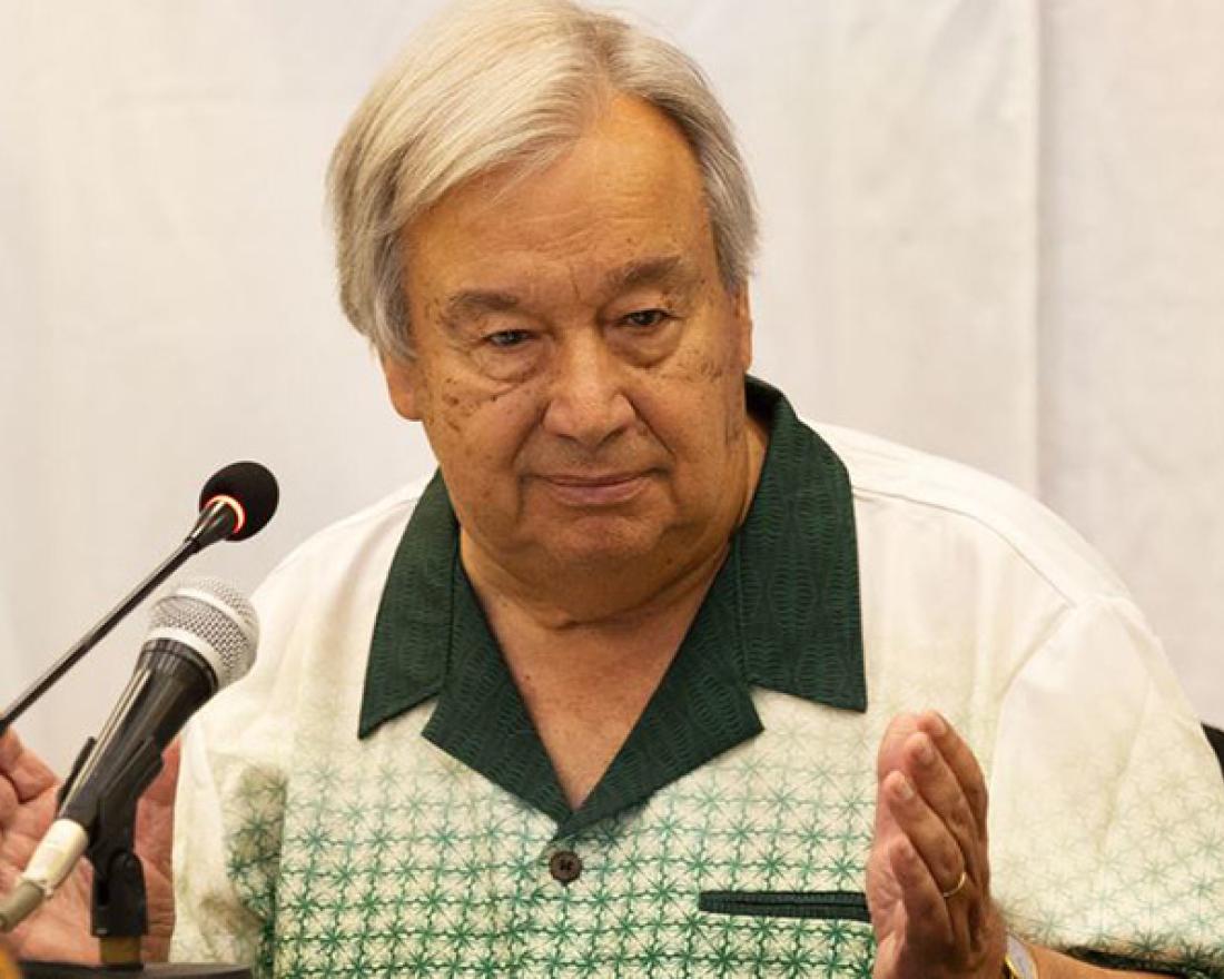 UN Photo/Kiara. Worth UN Secretary-General António Guterres briefs journalists at the launch in Tonga of the WMO Pacific climate report.