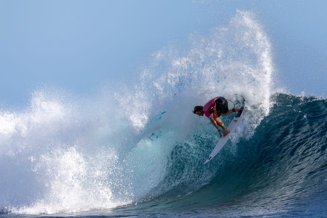 Mexico's Alan Cleland Quinonez rides a wave during round two of surfing at the Paris 2024 Olympic Games on July 28, 2024, in Teahupo'o, French Polynesia.