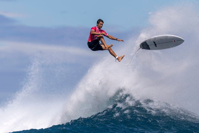 Connor O'Leary of Team Japan exits a wave during round two of surfing on day two of the Olympic Games Paris 2024 on July 28, 2024, in Teahupo'o, French Polynesia.