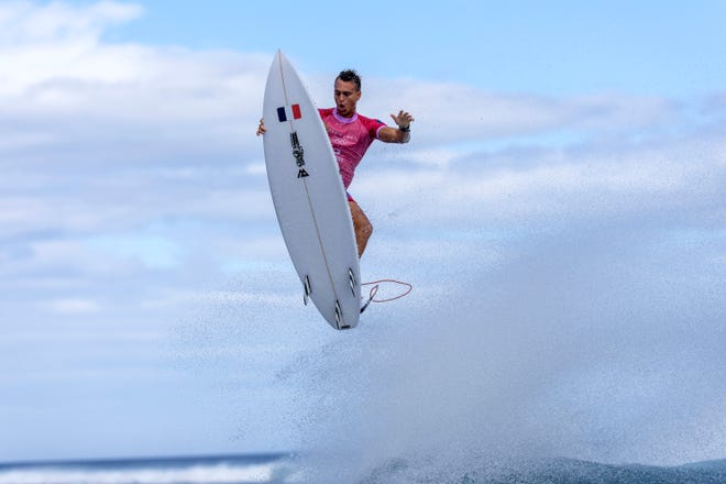 Kauli Vaast of Team France exits a wave during round two of surfing on day two of the Olympic Games Paris 2024 on July 28, 2024, in Teahupo'o, French Polynesia.