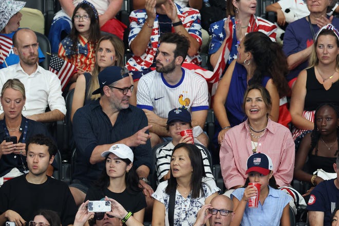 "Law & Order: Special Victims Unit" star Mariska Hargitay took her family on a fun outing to watch swimming events on Aug. 1. Here she's seen with husband Peter Hermann, son August Miklos Friedrich Hermann and daughter Amaya Josephine Hermann.