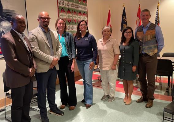 Pictured from left to right: USDA Senior Advisor for Rural Development Gbenga Ajilore, USDA Administrator for Rural Housing Service Joaquin Altoro, USDA Chief of Staff Katharine Ferguson, Equity Commission Member Toni Stanger-McLaughlin, USDA Administrator for Risk Management Marcia Bunger, USDA Chief Evaluation Officer Cecilia Hernandez, Equity Commission Member Nils Christoffersen