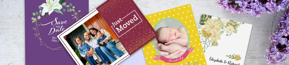 collection of personalized photo invitations and postcards to announce a move, wedding, baby, and other special life event.