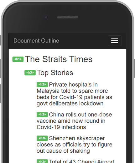 The document outline of The Straits Times, showing a logical structure with an h1, an h2 and two h3s.