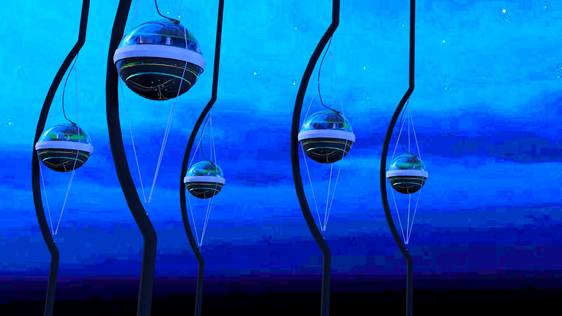 An artist's rendering of Ice Cube's strings of photomultiplier tubes installed in the Antarctic ice.