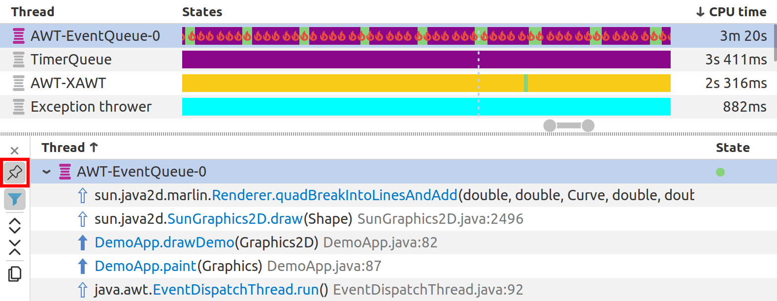 Pinned stack trace