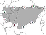 Thumbnail of Preliminary exploration of patterns of ecologic variation along the modeled distributional limits (highest confidence level) for Ebola viruses in central Africa. The histograms represent relative values of Mann-Whitney U-tests for inside versus outside the prediction area for temperature (red bars), precipitation (blue bars), and elevation (green bars).