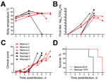 Thumbnail of Clinical parameters for 6 cynomolgus macaques infected with Ebola virus strains Makona or Mayinga. Parameters were measured for each animal on day of examination and time of euthanasia. A) Temperature profiles. B) Virus titer (viremia). TCID50, 50% tissue culture infectious dose. C) Daily clinical scorel. D) Survival curves showing significant difference in time to death between both groups (p = 0.0295, by Mantel-Cox test).