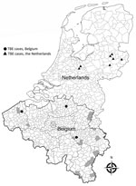 Geographic distribution of autochthonous human cases of tick-borne encephalitis, Belgium and the Netherlands (adapted from National Institute of Public Health and Environment [10]). Grey shading indicates communities in Belgium in which antibodies against tick-borne encephalitis virus have been detected in animals (adapted from S. Roelandt [2]).