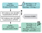 Approach used for the diagnosis of 31 cases of DH in PLHIV from a tertiary hospital in southern Brazil, 2010–2019. The incidence rate of DH between periods before (2010–2016) and after (2017–2019) implementation of the urinary antigen test shows an increase of 300%. DH, disseminated histoplasmosis; PLHIV, persons living with HIV.